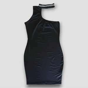 Black One-Shoulder Mini Dress with Crystal Neckline | Size S